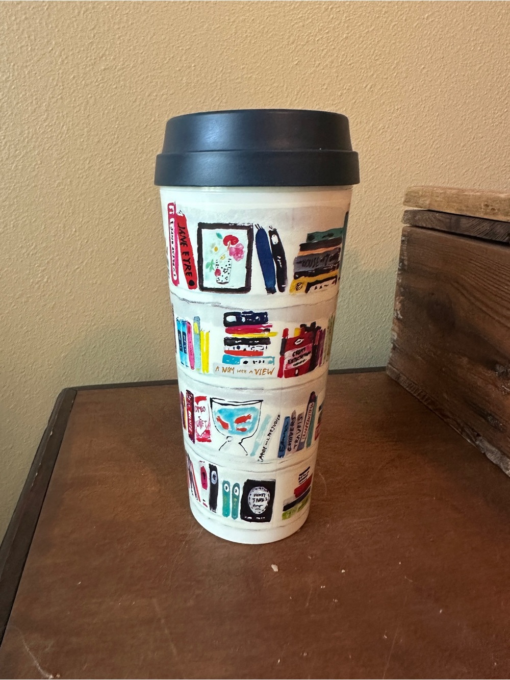 kate spade Cream Travel Tumbler with Book & Globe Motif